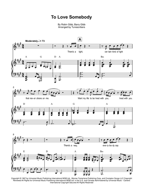To Love Somebody (Arr. Tunescribers) - Robin Gibb, Barry Gibb (Piano Vocal)