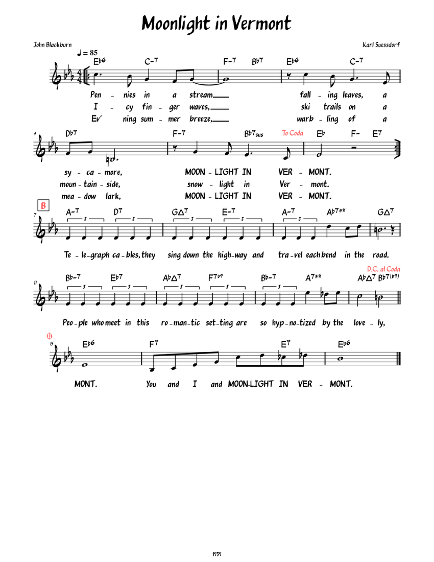 Moonlight in Vermont (Lead sheet with lyrics ) Sheet music for Piano