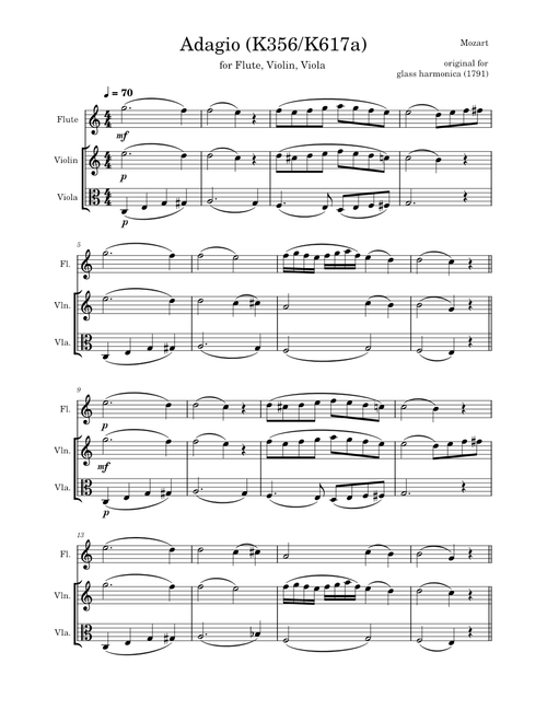 Mozart Adagio K617A for Flute, Violin and Viola sheet music arranged by sophiasapprentice