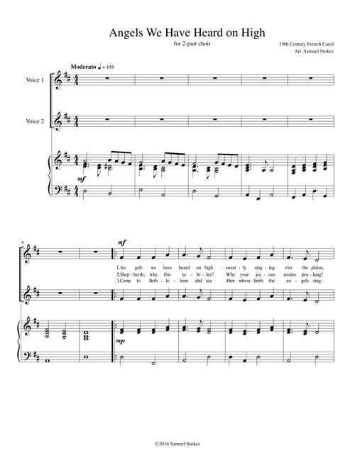 Angels We Have Heard on High - for 2-part choir with piano accompaniment (Arr. Samuel Stokes) - Traditional (Choral, SA)