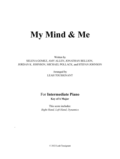 My Mind & Me (Arr. Leah Tousignant) - Selena Gomez (Piano Solo)