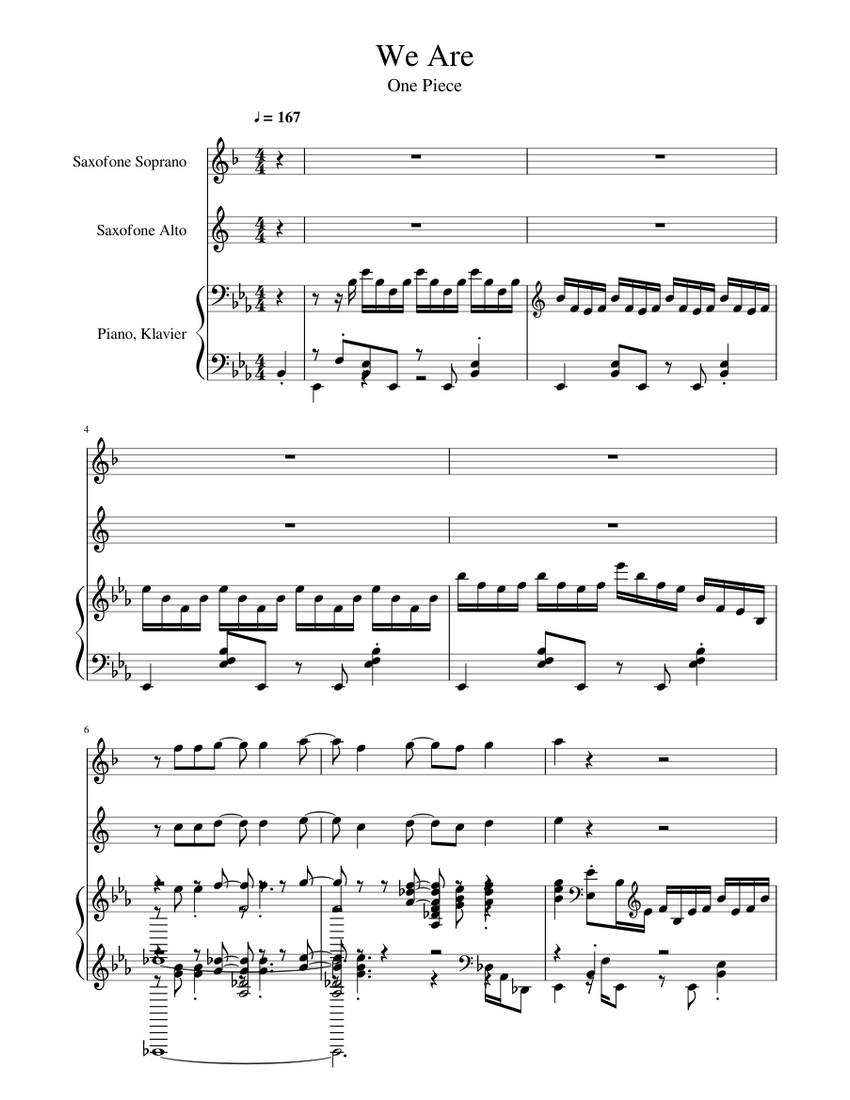 We Are One Piece Opening Sheet music for Piano, Saxophone alto, Saxophone soprano (Mixed Trio
