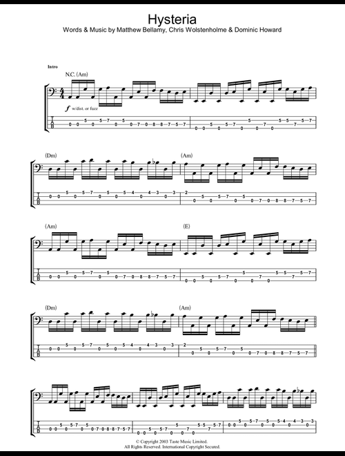 Hysteria - Muse (Bass Tab)