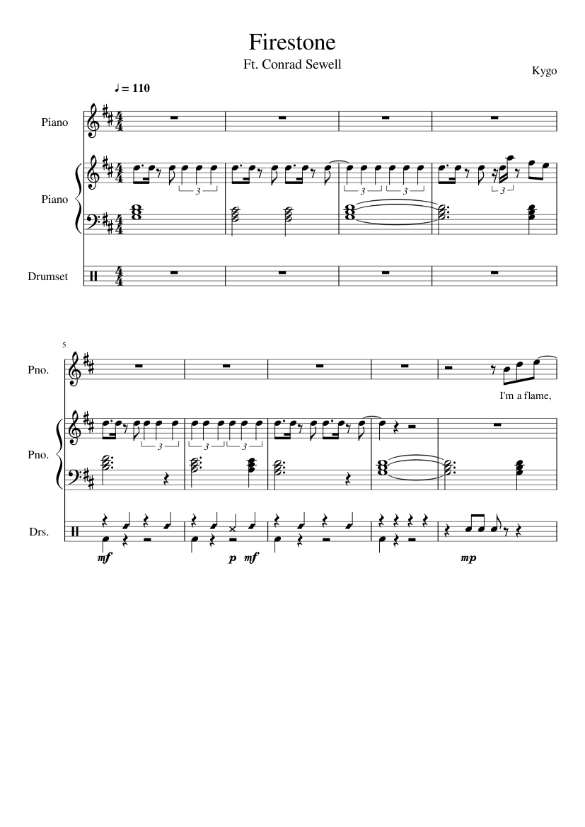 Descriptivo modo a menudo Kygo - Firestone (Ft. Conrad Sewell) Sheet music for Piano, Drum group  (Mixed Trio) | Musescore.com