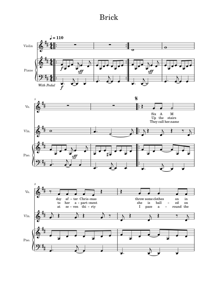 Brick – Ben Folds Five Brick Sheet Music for Piano, Vocals, Violin