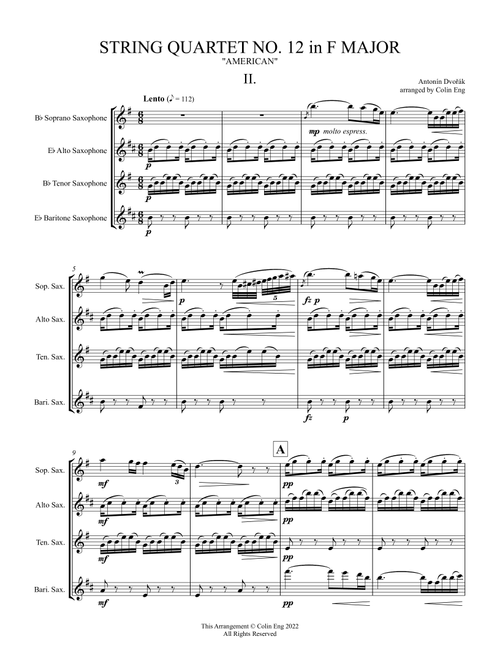 String Quartet No. 12 in F Major, "American" for Saxophone Quartet MOVEMENT II (Arr. Colin Eng) - Antonín Dvořák (Woodwind Ensemble)