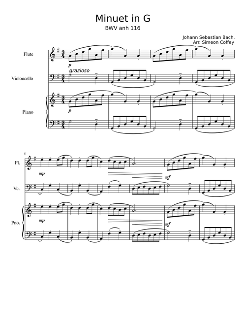 Minuet in G major, BWV Anh. 116 – Johann Sebastian Bach arr. flute and cello