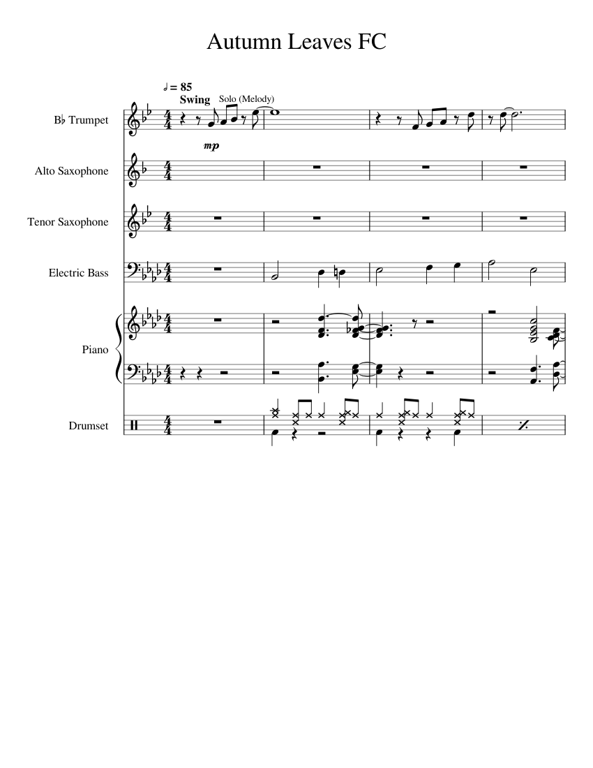 Autumn Leaves for Jazz Quintet Sheet Music with Chords for