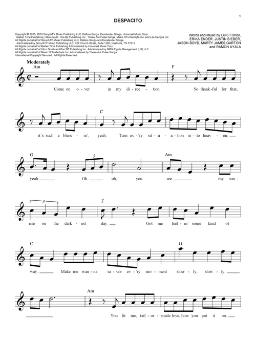 Despacito - Luis Fonsi & Daddy Yankee feat Justin Bieber (Easy Lead Sheet - Fake Book)