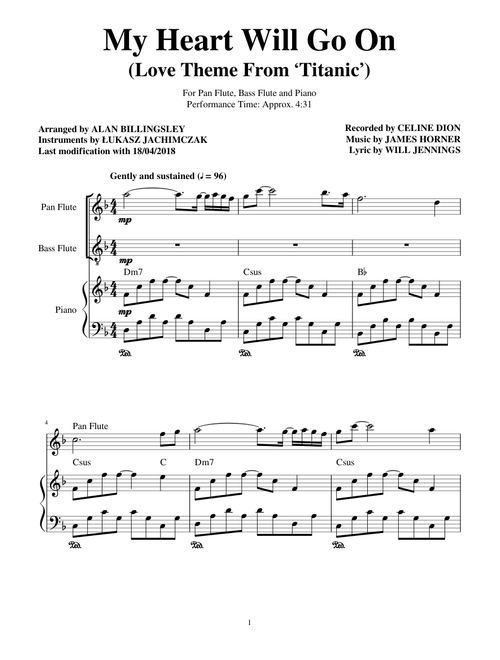 My Heart Will Go On by Celine Dion from Titanic for Flute and Piano