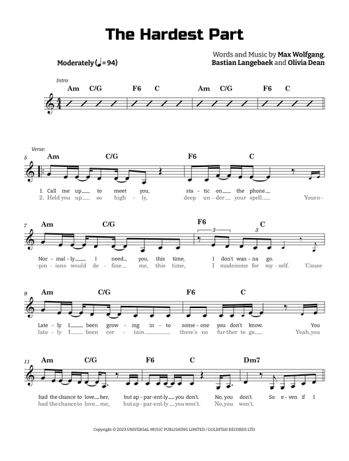 Hardest Part (Arr. Guilherme Correa) - Olivia Dean (Lead Sheet - Fake Book)