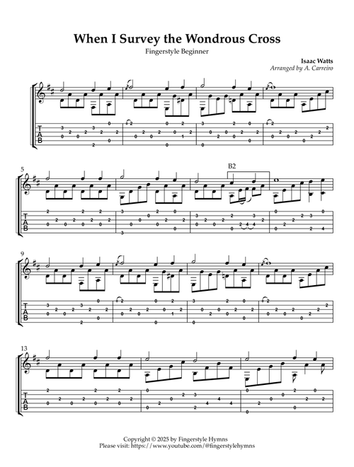 When I Survey the Wondrous Cross - Fingerstyle Guitar (Beginner) (Arr. A. Carreiro) - Isasc Watts (Easy Guitar with TAB)