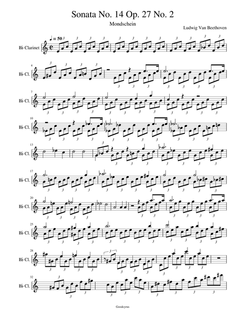 Bb Beethoven - Sonata No. 14 Op. 27 No. 2 Mondschein Moonlight SLOW for Bb Instruments