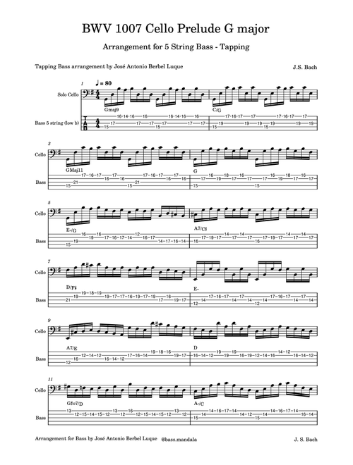 BWV 1007 Cello Prelude #1 in G major for 5-string Bass Tapping version (Arr. José Antonio Berbel Luque @bass.mandala) - José Antonio Berbel Luque @bassmandala (Bass Tab)