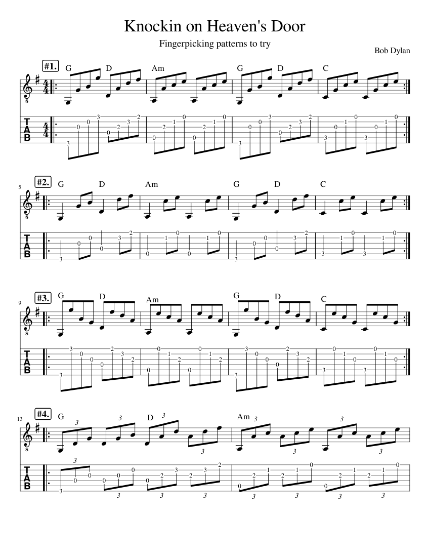 Knockin_on_Heaven's_Door_Fingerpicking patterns Sheet Music and