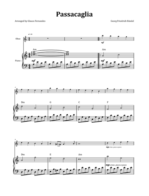 Passacaglia by Handel/Halvorsen - Oboe & Piano with Chord Notation (Arr. Glauco Fernandes) - Georg Friedrich Händel (Oboe and Piano)