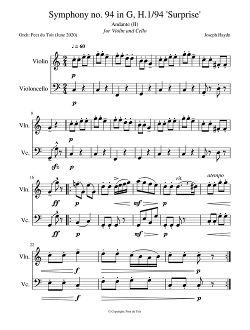 Symphony no. 94 in G, H.1 94 'Surprise' - FJ Haydn  (Violin & Cello)  excerpt