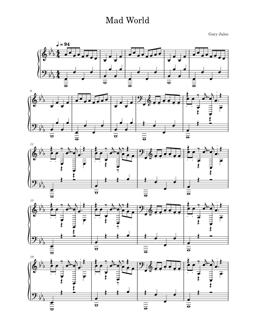 Mad world Gary Jules Sheet music for Piano (Solo)