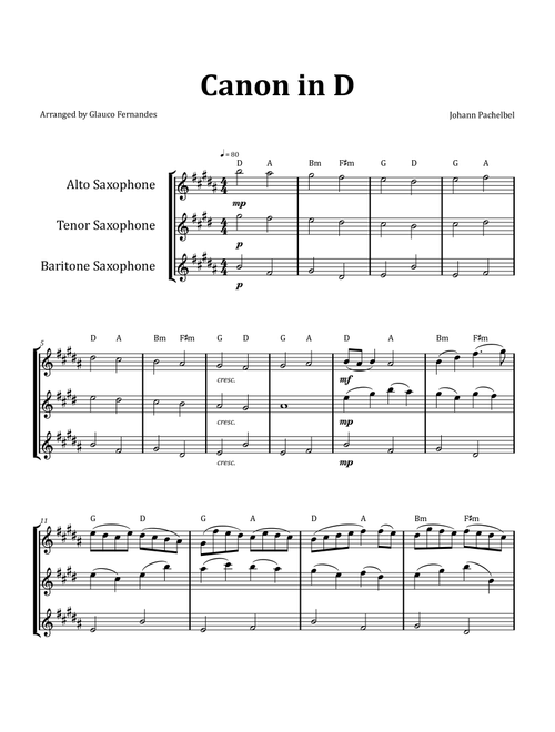 Canon by Pachelbel - Saxophone Trio with Chord Notation (Arr. Glauco Fernandes) - Johann Pachelbel (Woodwind Ensemble)