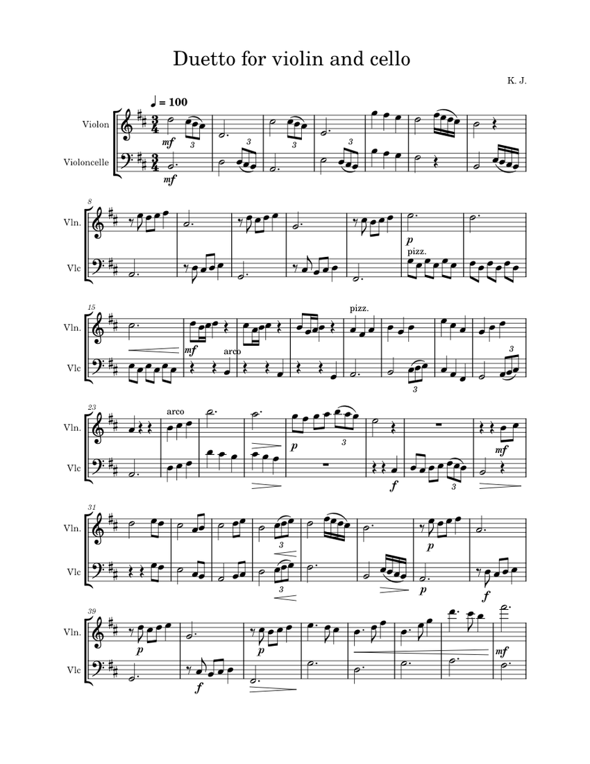 Violin and Cello Duet K.J. Sheet music for Violin, Cello (String Duet)