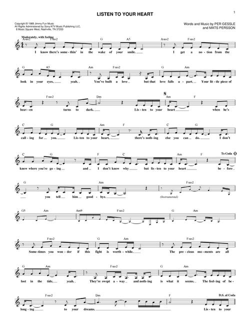Listen To Your Heart - Roxette (Lead Sheet - Fake Book)