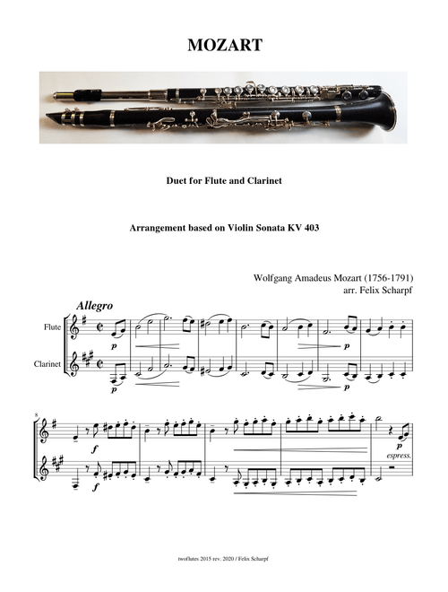 Mozart, Wolfgang Amadeus - Duet for Flute and Clarinet, arr. based on Sonata KV 304