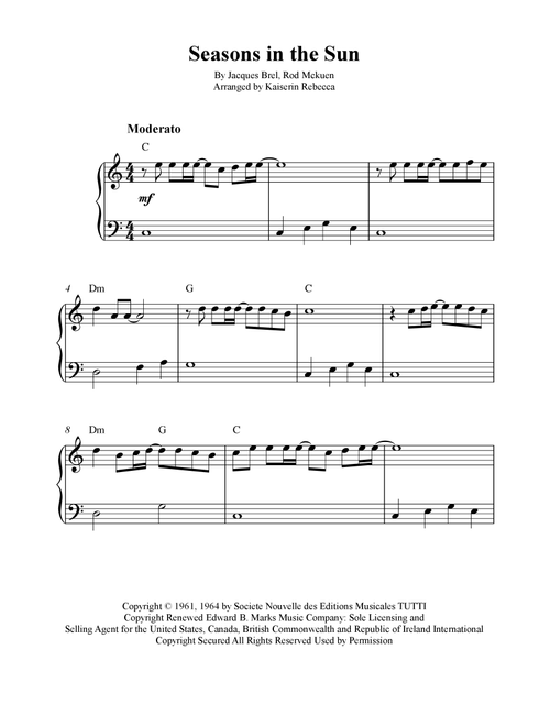Seasons In The Sun (Le Moribond) (Arr. Kaiserin Rebecca) - Terry Jacks (Easy Piano)