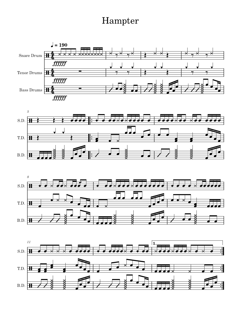 Hampter Sheet music for Snare drum, Tenor drum, Bass drum (Percussion