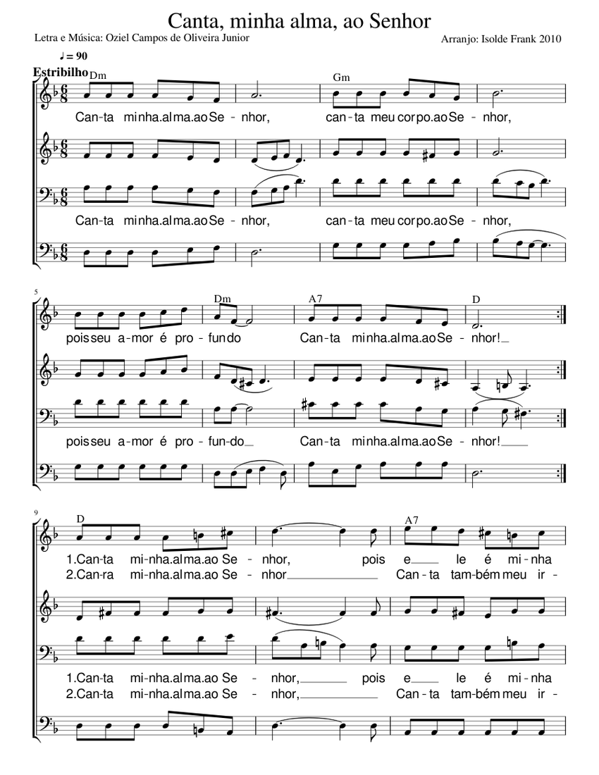 Canta minha alma ao Senhor Sheet Music with Chords for Soprano, Alto ...