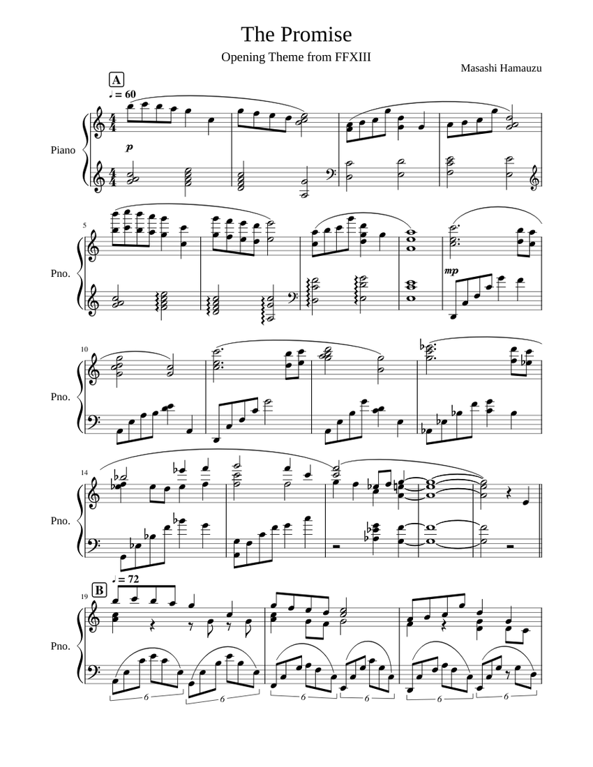 Final Fantasy XIII - The Promise Sheet Music for Piano (Solo