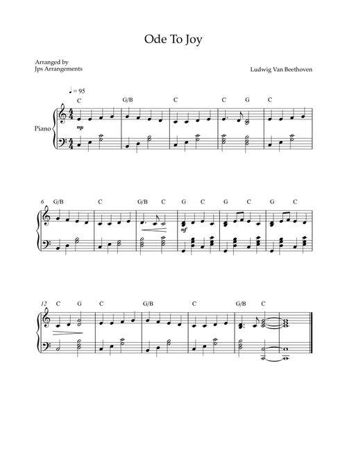 Ode to Joy - intermediate piano in C (Arr. Jps Arrangements) - Ludwig Van Beethoven (Easy Piano)