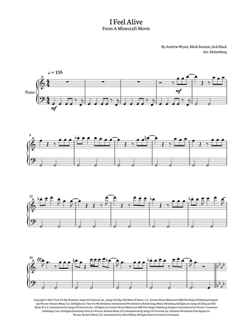 I Feel Alive (Arr. Heisenberg) - Jack Black (Easy Piano)