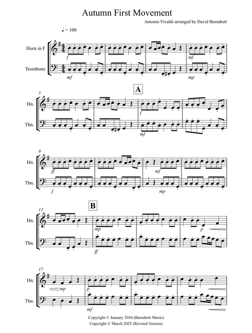 Autumn "Four Seasons" for Horn and Trombone Duet (Arr. David Burndrett) - Antonio Vivaldi (Instrumental Duet)