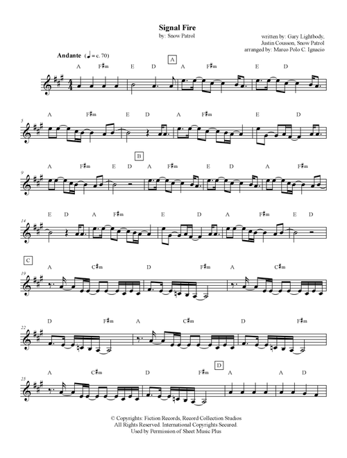 Signal Fire (Arr. Marco Polo C. Ignacio) - Snow Patrol (Lead Sheet - Fake Book)