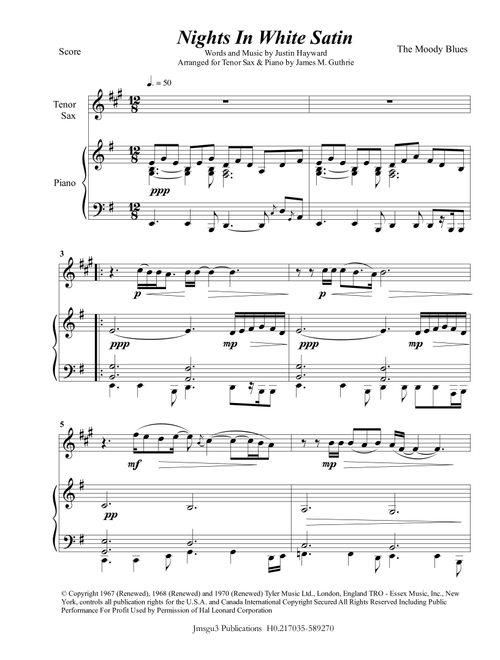 Nights In White Satin (Arr. James M. Guthrie, ASCAP) - The Moody Blues (Tenor Sax and Piano)