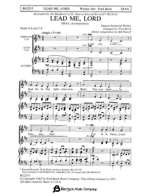 Lead Me, Lord (arr. Fred Bock) - Samuel Sebastian Wesley (Choral, SSAA)