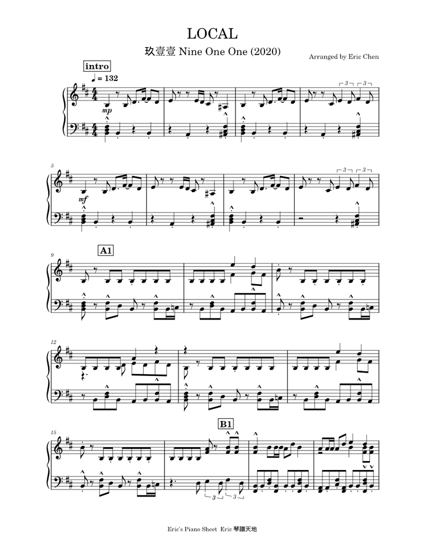LOCAL - 玖壹壹Nine One One Sheet Music for Piano (Solo) | MuseScore.com