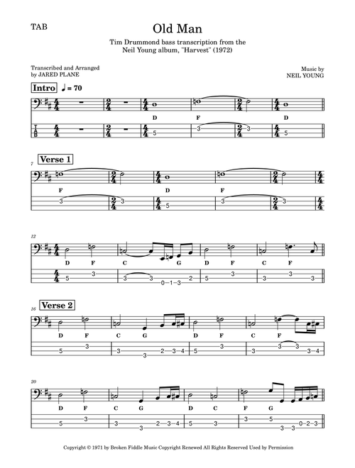 Old Man (Arr. Jared Plane) - Neil Young (Bass Tab)