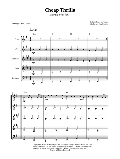 Cheap Thrills (Feat. Sean Paul) (Arr. Walt Oliver) - Sia feat Sean Paul (Woodwind Ensemble)