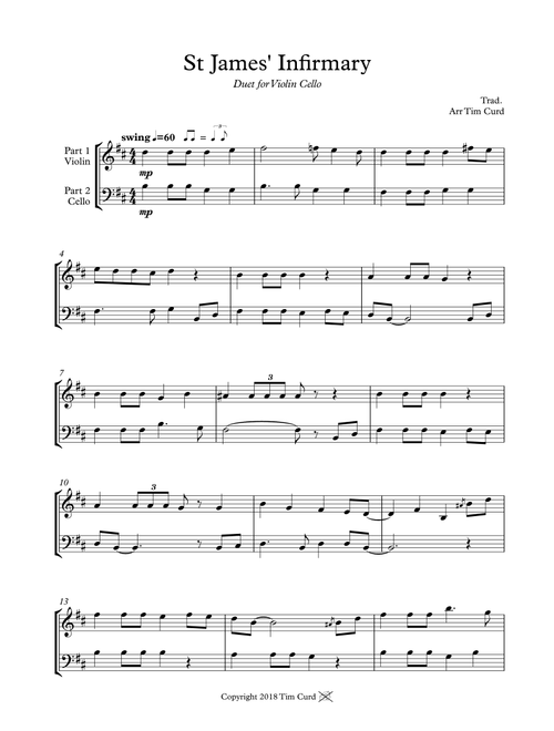 St James' Infirmary. Duet for Violin and Cello (Arr. Tim Curd) - trad. (Instrumental Duet)