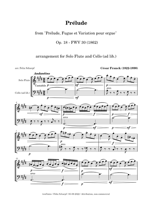 Prélude, Op. 18  (FWV 30) César Franck - arr. for Solo Flute and Cello