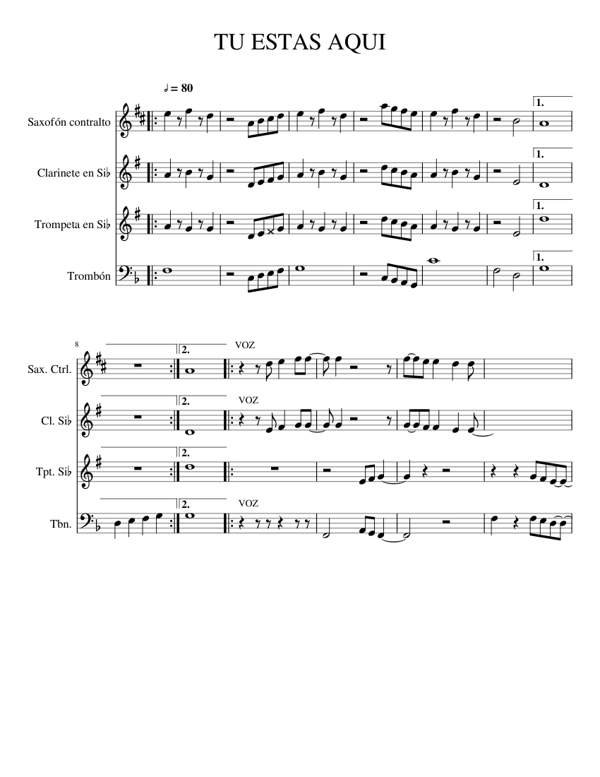 TU ESTAS AQUI Sheet Music for Trombone, Clarinet in b-flat, Saxophone alto,  Trumpet in b-flat (Mixed Quartet) | MuseScore.com, image size:850x1100