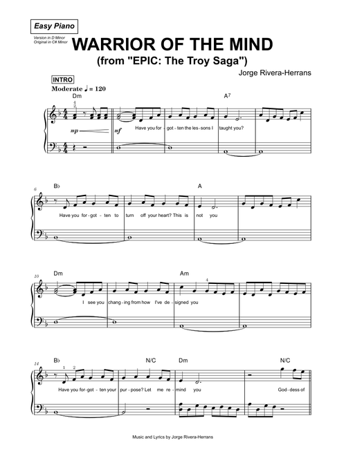 Warrior of the Mind (from EPIC: The Troy Saga) - Jorge Rivera-Herrans (Easy Piano)