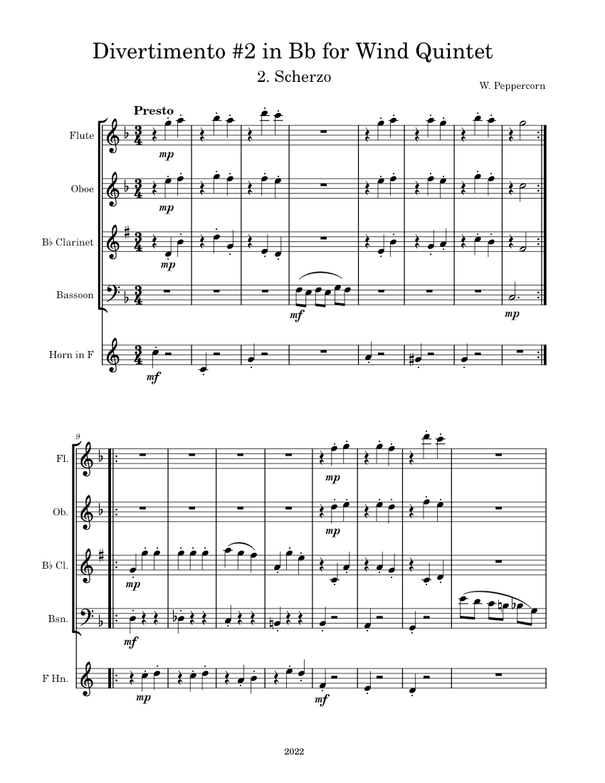 Divertimento 2 for Wind Quintet in Bb 2. Scherzo Sheet music for Flute
