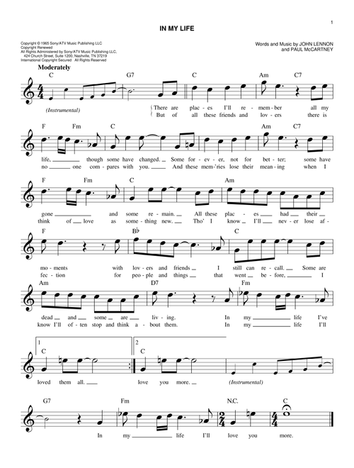 In My Life - The Beatles (Easy Lead Sheet - Fake Book)