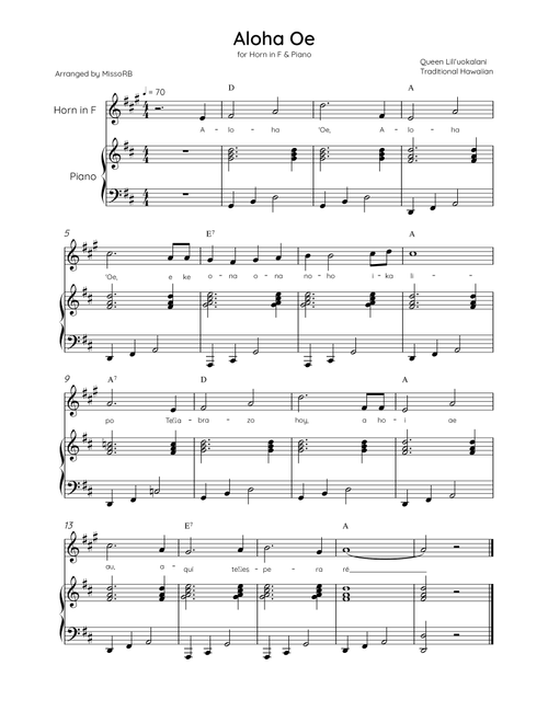 Aloha Oe - Horn in F & Piano in D Major Easy With Lyrics & Chords (Arr. MissoRB) - Queen Liliʻuokalani (French Horn and Piano)