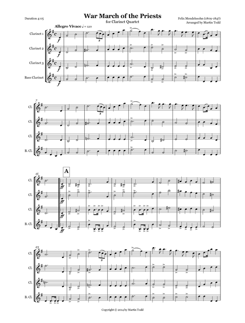 War March of the Priests for Clarinet Quartet (Arr. Martin Todd) - Felix Mendelssohn (Woodwind Ensemble)