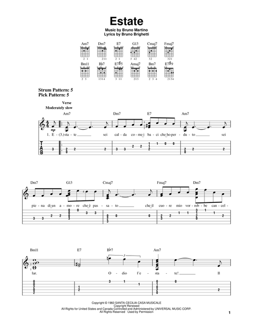 Estate - Bruno Brighetti (Easy Guitar with TAB)