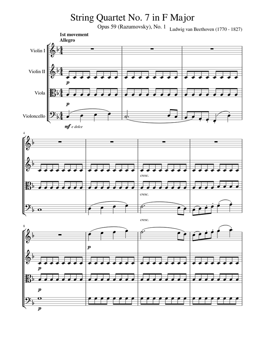 String Quartet No 7 in F Major, Opus 59 (Razumovsky), No 1 Sheet music for  Violin, Viola, Cello (String Quartet) | Musescore.com