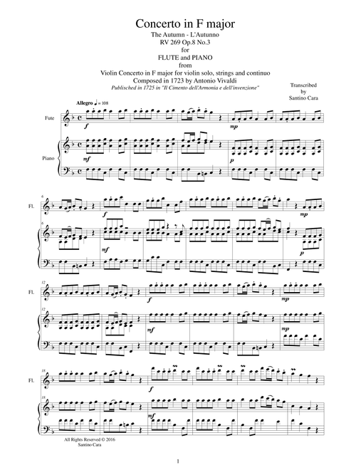 Vivaldi - Concerto in F major 'Autumn' RV 293 Op.8 No.3 Flute and Piano (Arr. Santino Cara) - Vivaldi Antonio (Flute and Piano)